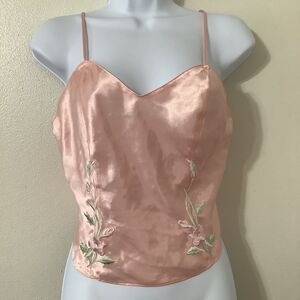 Vintage 90s Fairy Coquette Romantic Pink Embroidered Fairycore Satin Camisole ML